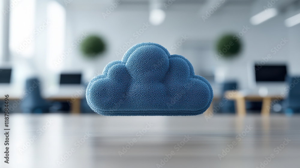 Poster blue cloud symbol representing cloud computing technology in modern office environment. image conveys innovation and digital solutions, highlighting importance of cloud services