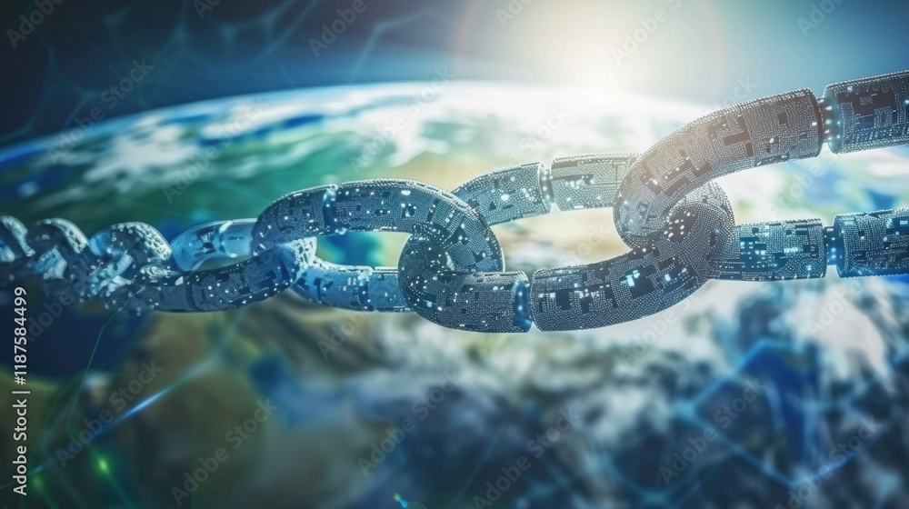 Poster digital chain links symbolize blockchain technology over earth, representing connectivity and innova