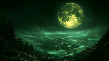 Eerie Green Moon over a Mystical City Landscape