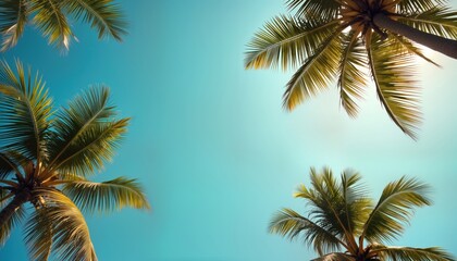 Fototapeta premium Tropical paradise view from below. Green palm trees against clear sky. Sunny day. Ideal vacation spot. Relaxed holiday atmosphere. Beautiful natural landscape. Summer vibes. Perfect background for