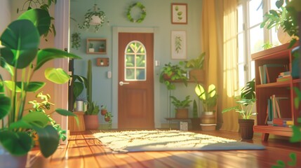bright and inviting interior scene featuring cozy hallway adorned with various indoor plants, wooden door, and warm sunlight streaming through windows. atmosphere is serene and welcoming