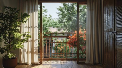 serene view from cozy room featuring wooden balcony, lush greenery, and vibrant flowers. Sunlight filters through sheer curtains, creating warm atmosphere