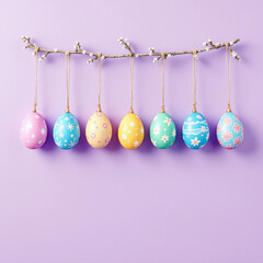 A row of beautifully decorated Easter eggs hangs on a soft pastel purple wall, perfect for spring, holiday, and festive designs. Ideal for copy space and creative projects.
