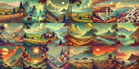Fototapeta premium Landscapes in vintage cartoon style. AI generated illustration