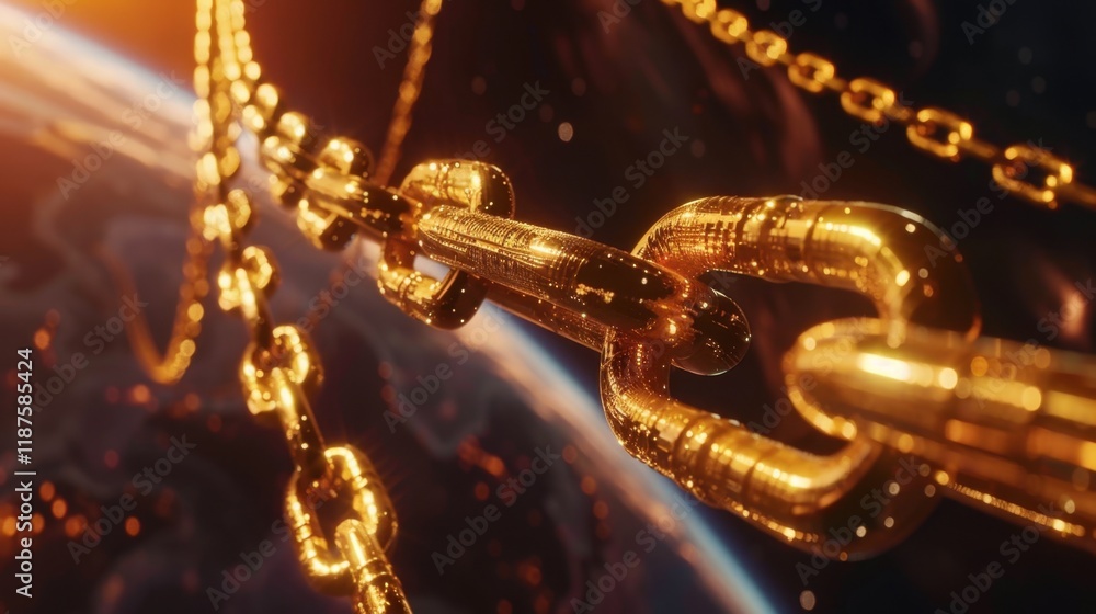 Poster golden chains connecting in space, symbolizing strength and unity. vibrant colors and intricate deta