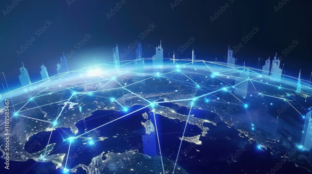 Poster global network connections over digital map showcasing cities and technology. illuminated cities rep