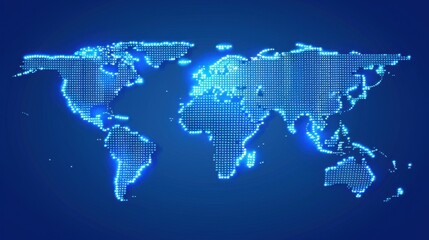 Digital world map with glowing blue dots on dark background, representing global connectivity and technology