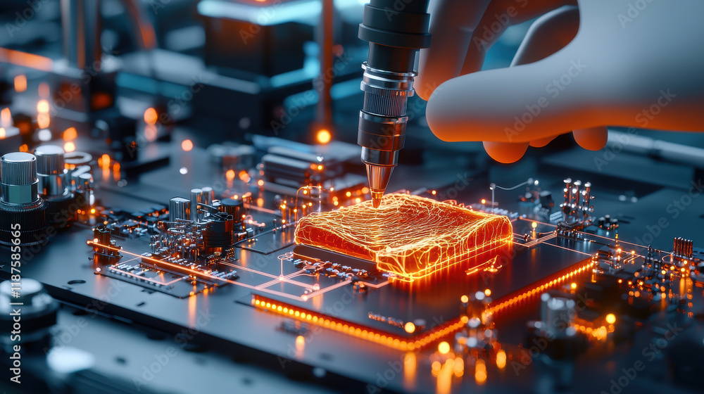 Aufkleber Innovative technology in laboratory, showcasing hand manipulating circuit board with glowing elements. scene highlights advanced electronics and precision engineering