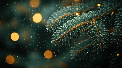 A close-up of snow-covered pine branches with glowing bokeh lights.