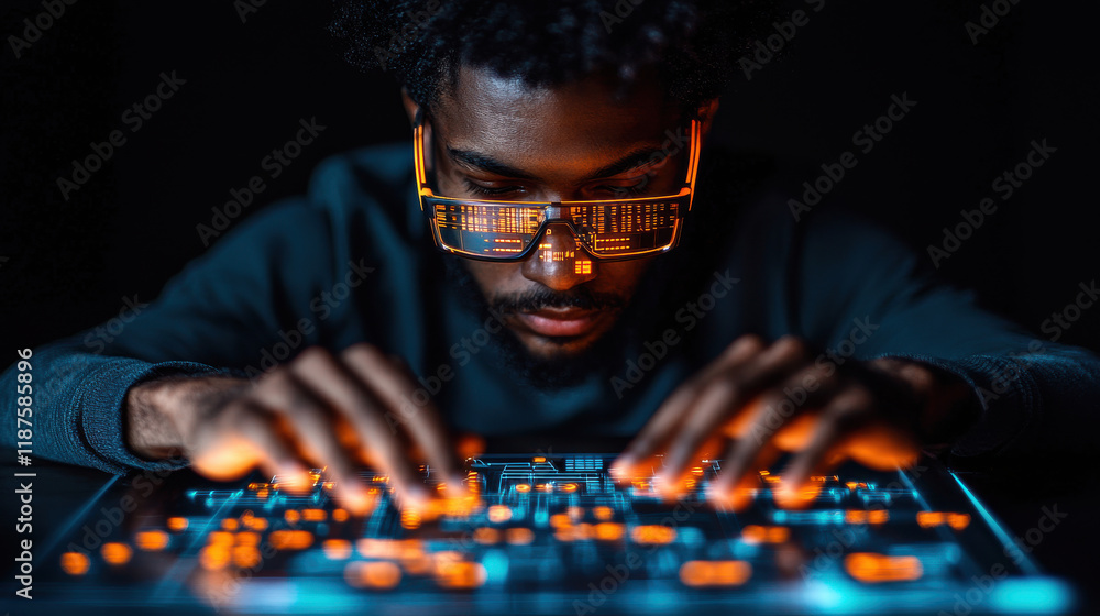 Poster focused man wearing futuristic glasses interacts with glowing digital interface, showcasing advanced