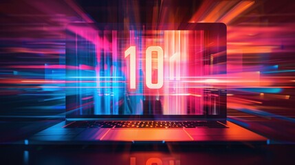 Colorful digital display on laptop with glowing numbers and light trails, representing technology and innovation