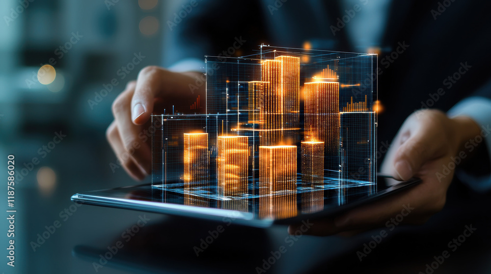Poster person interacting with digital tablet displaying 3d financial graphs and data visualizations, showc