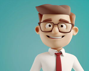 3D Illustration of a Smiling Cartoon Character in Glasses with Red Tie on Blue Background