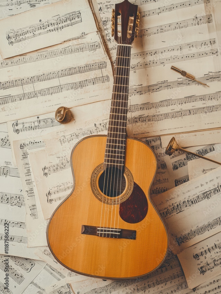 Poster musical setup featuring an acoustic guitar surrounded by scattered sheet music and a tuning fork in 