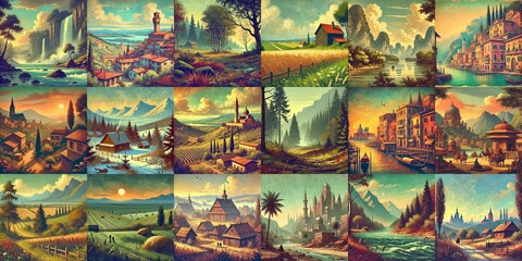 Landscapes in vintage cartoon style. AI generated illustration