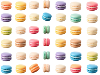 Macarons Delicate French meringue sandwich cookies in a rainbow of vibrant colors, arranged in a visually striking pattern on a