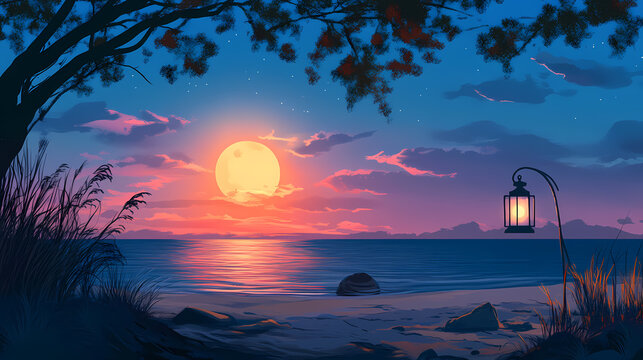 Romantic beach scene with lantern light against sunset and moonrise backdrop. Moonbreeze. Illustration
