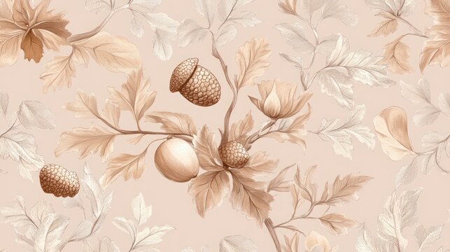 Beige floral acorn branch seamless pattern textile design
