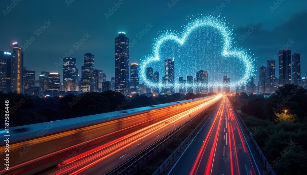 Poster Fast train speeding through city highway at night. Cloud computing concept displayed over city buildings. Global tech connections visible in modern cityscape. Urban transport illustration. Modern