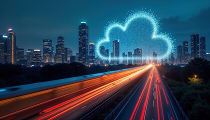 Fast train speeding through city highway at night. Cloud computing concept displayed over city buildings. Global tech connections visible in modern cityscape. Urban transport illustration. Modern