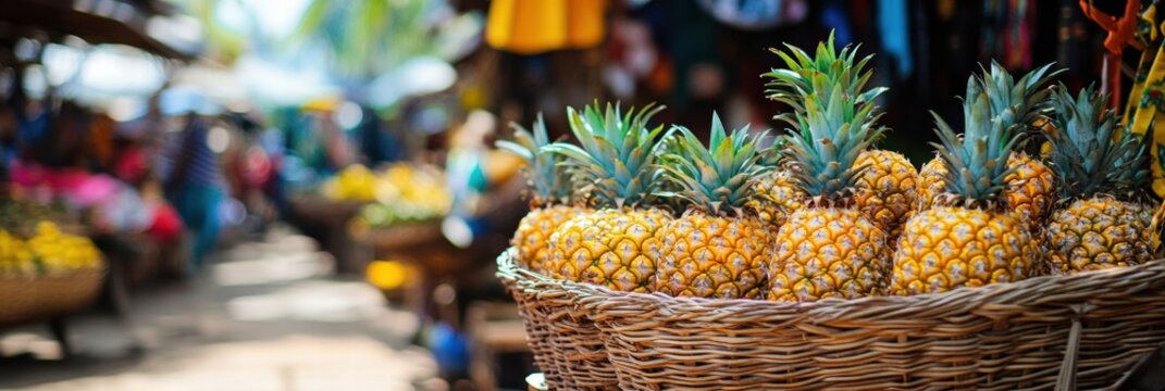 Vibrant tropical market filled with fresh pineapples and colorful local goods in a lively atmosphere. Generative AI - Powered by Adobe