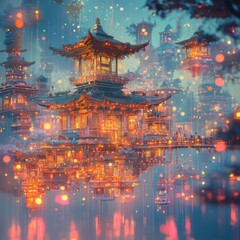 Fototapeta premium Serene Asian Architecture in Misty Reflection