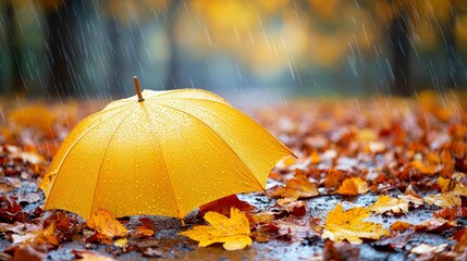 Autumn Rain: Yellow Umbrella on Fallen Leaves