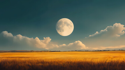 Stunning landscape with a dramatic moonrise over a golden field. beautiful natural scenery with warm tones and breathtaking sky. Moonbreeze. Illustration