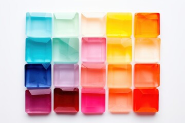 Colorful translucent squares arranged in a vibrant grid on a white background