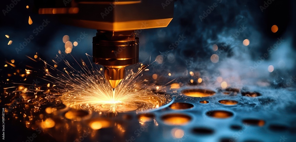 Poster close-up of laser cutter in action creating intricate metalwork sparks and precision engineering