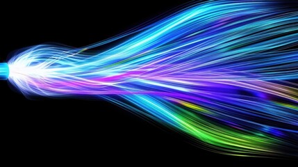 Vibrant light trails in blue, purple, and green create dynamic flow against black background, evoking sense of energy and movement