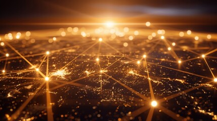 Abstract digital network with glowing connections over global map, showcasing technology and communication. warm light creates sense of innovation and connectivity