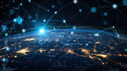 Global network connections over Earth at night, showcasing illuminated cities and data flow. stunning view of technology and communication in digital world