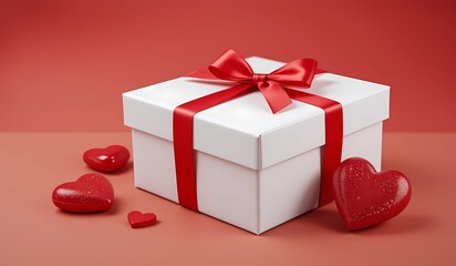 A white gift box tied with a red ribbon, surrounded by red hearts on a red background.