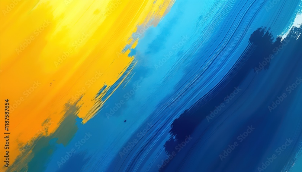 Aufkleber Abstract painting featuring vibrant blue, yellow brushstrokes. Dynamic colours create bright, cheerful backdrop. Swirling patterns, textures add visual expressiveness. Ideal for use as modern