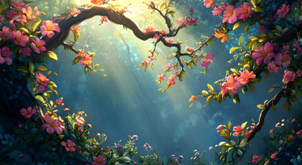 Magical Enchanted Forest Scene with Blooming Pink Flowers and Sunlight Streaming Through Lush Greenery, Creating a Dreamy and Serene Atmosphere for Nature-Inspired Designs