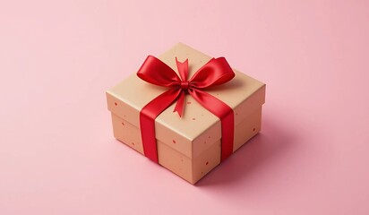 Obraz premium A beautifully wrapped gift box with a red ribbon on a pink background.