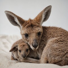 Fototapeta premium A baby kangaroo nestled in its mother's pouch on a plain white backdrop.