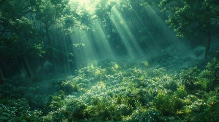 Sunbeams Illuminate Lush Green Forest Undergrowth