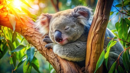 Fototapeta premium Adorable Koala Sleeping in Eucalyptus Fork: Cute Wildlife Photography, Aussie Animal, Nature Image