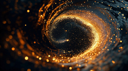 Majestic swirl of golden confetti and radiant stardust on a black background