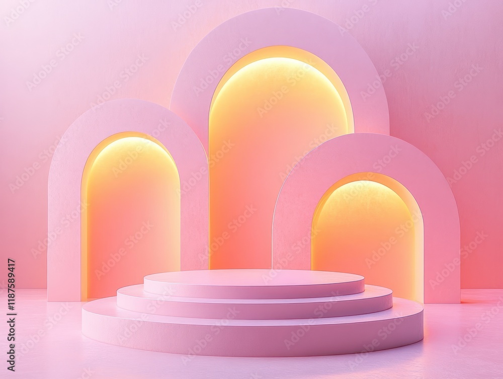 Aufkleber minimal 3d render of pastel shapes with arch structures and circular podium for product display