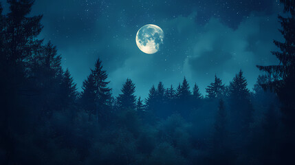 Fototapeta premium Moody and atmospheric night sky with glowing moon and silhouetted evergreen forest. Moonbreeze. Illustration