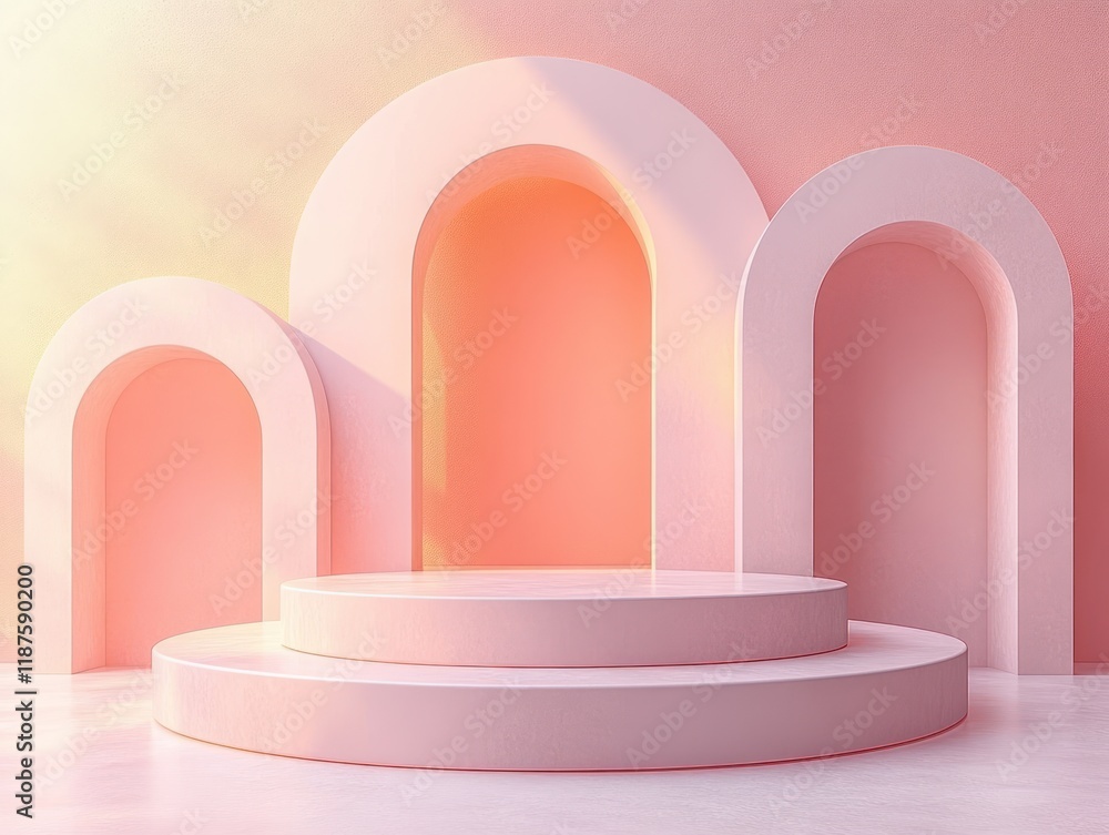 Poster minimalist 3d render of pastel geometric shapes with circular platform and arch-like structures