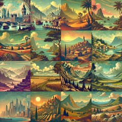 Landscapes in vintage cartoon style. AI generated illustration