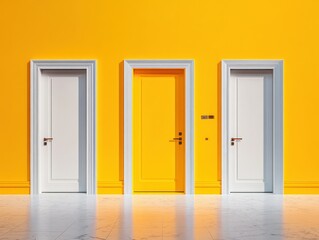 Bright Yellow Wall with Three Doors in Minimalist Interior Design