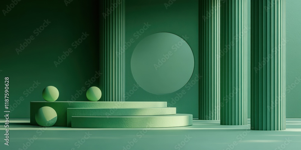 Poster green geometric composition with column and platform for minimalist display and product presentation