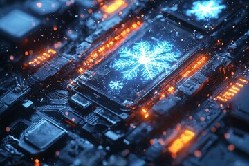 Fototapeta premium Futuristic Digital Wonderland: Glowing Screens and Icy Snowflakes Merge in a High-Tech Spectacle of Light and Ice