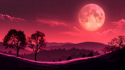 Pink moonrise over a serene, crimson landscape with silhouetted trees. Moonbreeze. Illustration