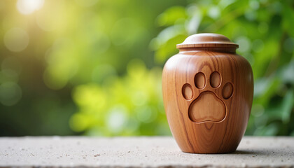 Simple wooden pet urn with paw cutout on gray background